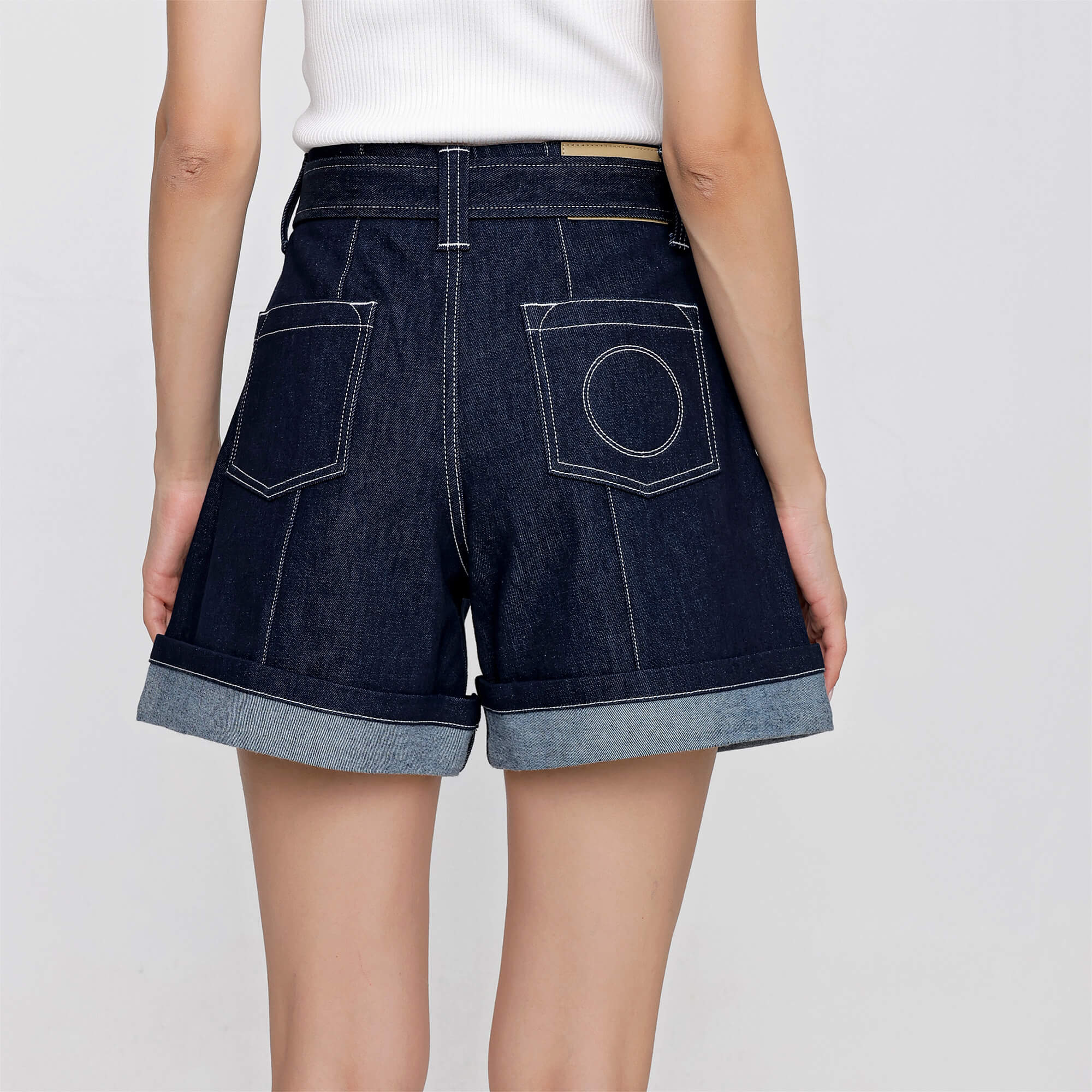 Chloe - Dark Night Blue Cotton Blend Turned Up Hem Wide Leg Denim Shorts With Belt